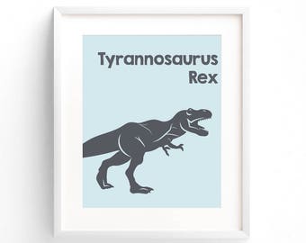 Dinosaur T-Rex Art Print, Blue & Gray, Art Print | Dinosaur Nursery Art Prints Tyrannosaurus Trex Toddler Wall Art Baby Boy Printable Poster