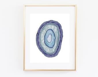Agate Slice Art, Watercolor Agate Art Print, Blue Watercolor Art, Agate Wall Decor, Modern Mineral Art, Agate Printable, Gift For Her, Art