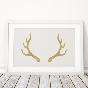 Deer Antlers Print In Gold, Antler Art, Wall Decor Gold, Gold Animal Wall Art, Antler Poster, Gold Antlers, Gold Printable Art, Digital Art image 2