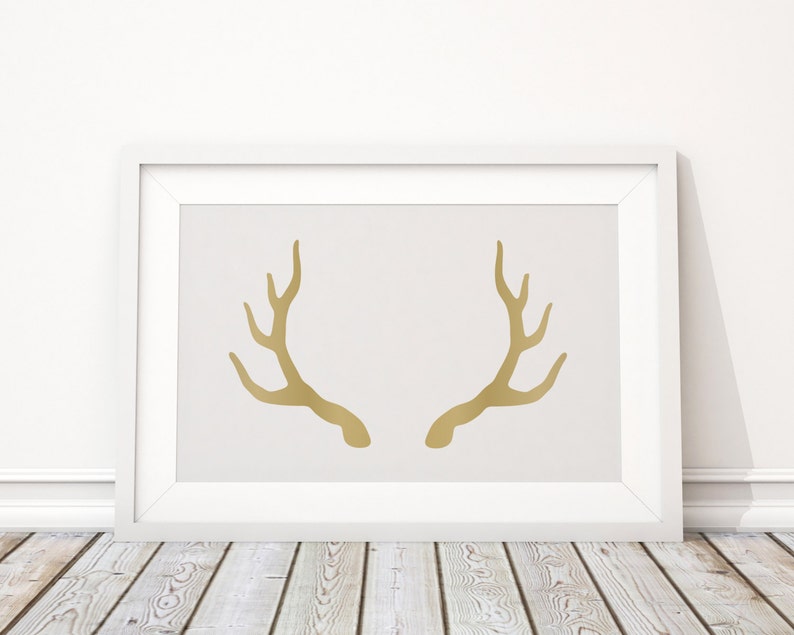 Deer Antlers Print In Gold, Antler Art, Wall Decor Gold, Gold Animal Wall Art, Antler Poster, Gold Antlers, Gold Printable Art, Digital Art image 2