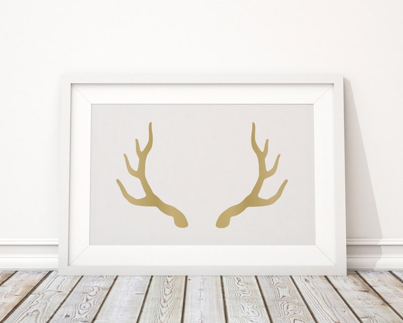 Deer Antlers Print in Gold, Antler Art, Wall Decor Gold, Gold Animal