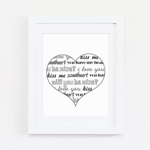 Heart Print, Love Printable, Valentine Art, Love Prints, Valentine Print, Printable Wall Art, Digital Prints, Black White Conversation Heart image 2