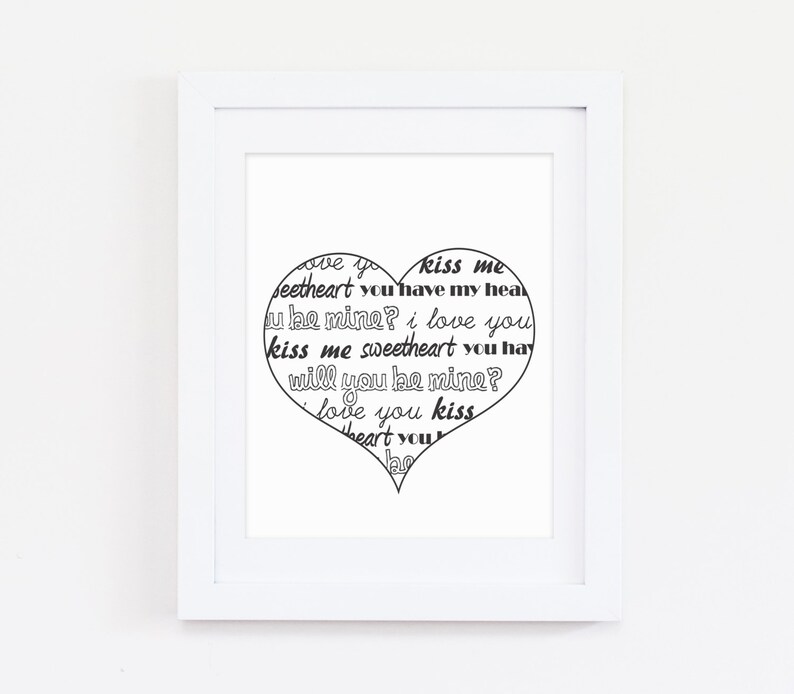 Heart Print, Love Printable, Valentine Art, Love Prints, Valentine Print, Printable Wall Art, Digital Prints, Black White Conversation Heart image 2