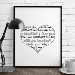 Heart Print, Love Printable, Valentine Art, Love Prints, Valentine Print, Printable Wall Art, Digital Prints, Black White Conversation Heart image 1