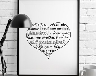 Heart Print, Love Printable, Valentine Art, Love Prints, Valentine Print, Printable Wall Art, Digital Prints, Black White Conversation Heart