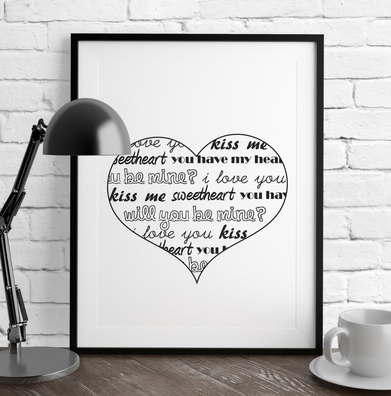 Heart Print, Love Printable, Valentine Art, Love Prints, Valentine Print, Printable Wall Art, Digital Prints, Black White Conversation Heart image 1