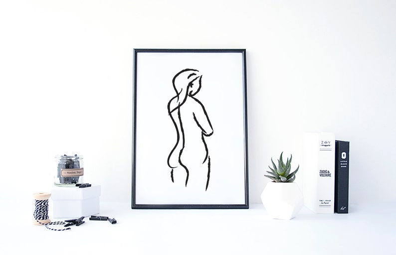 Nude Figure Art, Nude Female Drawing, Modern Wall Art, Black White Art, Nude Wall Decor, Bedroom Wall Decor, Minimalist Art, Digital Print image 3