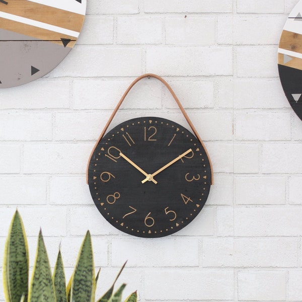 10" clock - Small bedroom clock - Black clock w/ leather strap - Tiny home decor - Bathroom decor - Minimalist - Small wall clock