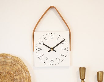 Mini square clock - White clock with leather - 6" wood clock - Small wall clock - Clocks for tiny home