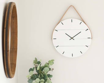 Small white clock - Leather goods - Genuine leather strap - Wall clock modern - Unique wall clock - 15"/20"/24" White JAKAL in cognac