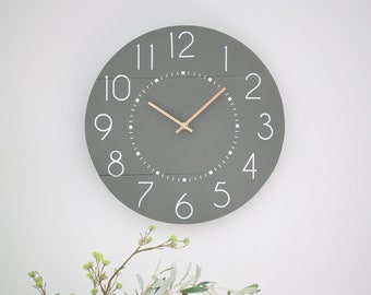 May include: A gray round clock with white numbers and a gold-colored hour and minute hand. The clock is on a white wall.