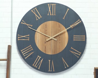 Large Navy Wood Wall Clock – Gold Roman Numerals, Modern Farmhouse Decor