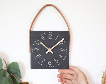 Mini square clock - Black clock with leather - 6" wood clock - Small wall clock - Clocks for tiny home