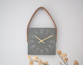 Mini square clock - Clock with leather - Neutral grey/green - 6" wood clock - Small wall clock - Clocks for tiny home - Modern home decor