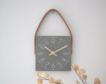 Mini square clock - Clock with leather - Neutral grey/green - 6" wood clock - Small wall clock - Clocks for tiny home - Modern home decor