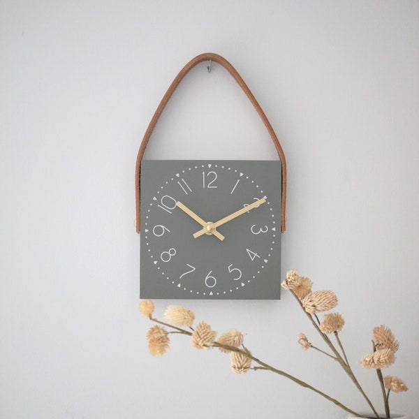 Mini square clock - Clock with leather - Neutral grey/green - 6" wood clock - Small wall clock - Clocks for tiny home - Modern home decor