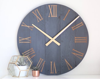 Large Navy Barn Wood Wall Clock: Gold Roman Numerals, Silent Sweep