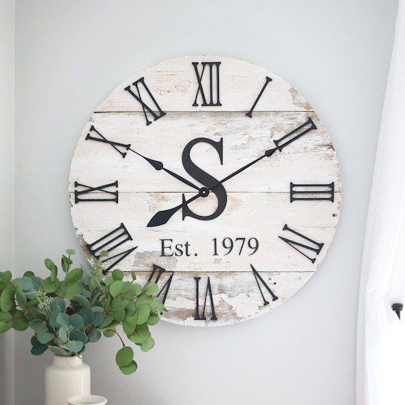 Large wall clock - Chippy white - Farmhouse wall decor - Housewarming gift idea - Barn wood lovers - Gift with initial and date
