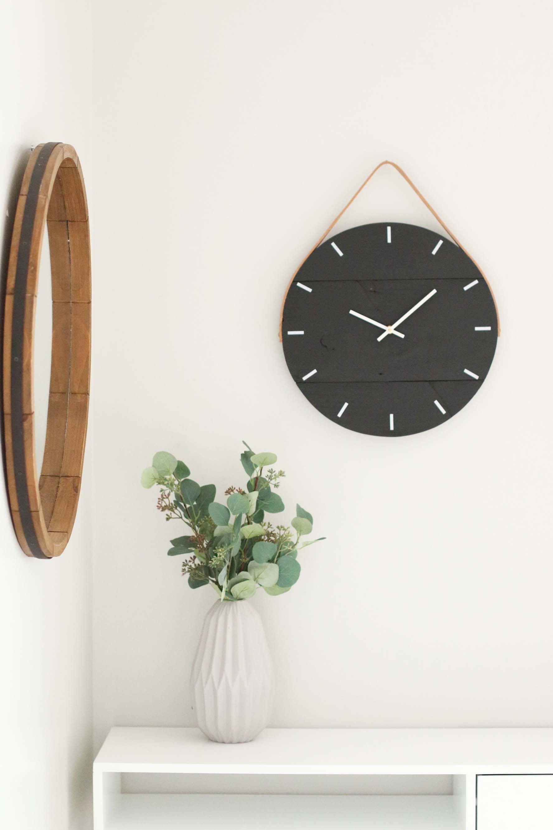 Wall clock Black clock with leather strap Genuine leather Etsy