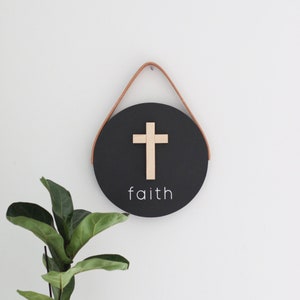 Faith - 10" wood round - Tan leather strap - Barn wood cross - Home decor - Decor to encourage