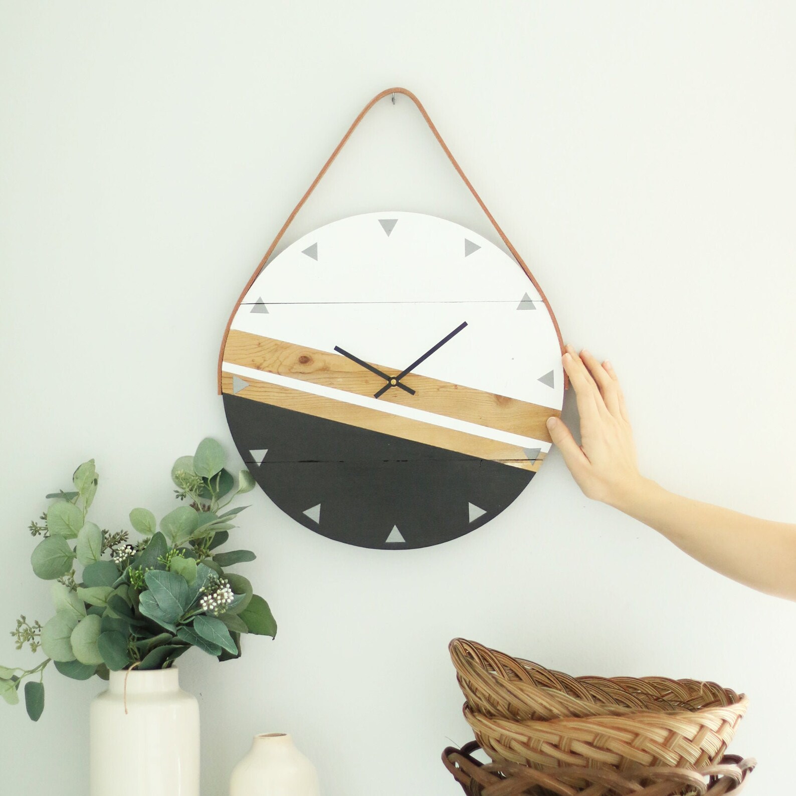 Wood Wall Clock Modern Wall Art Clock With Leather Strap Etsy