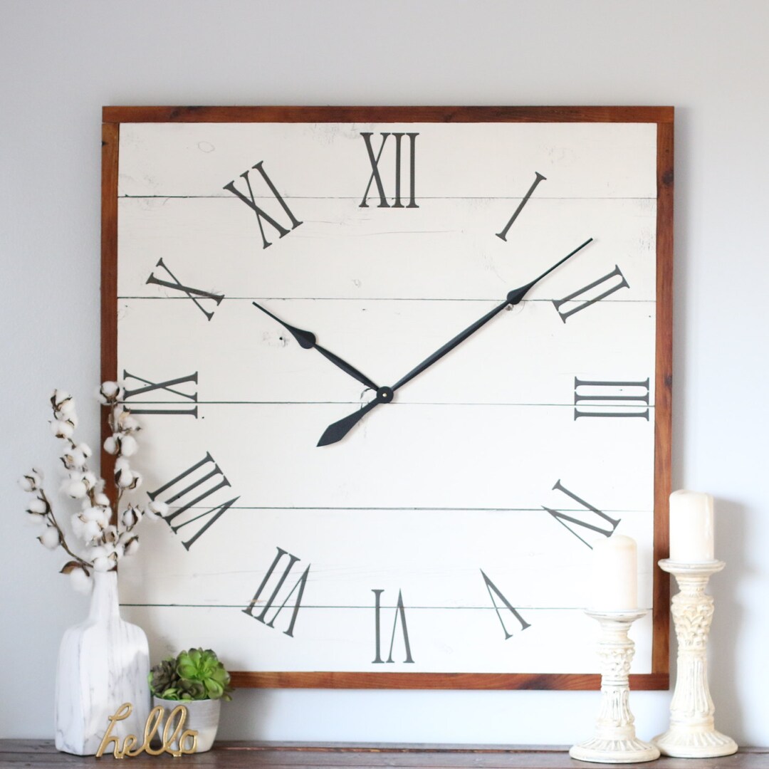 Large Wall Clock Square White Clock Vintage Wall Clock Farmhouse Living