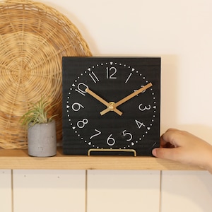 Small Black Wood Wall Clock – Modern Farmhouse Decor, Gold Hands (6 inch)