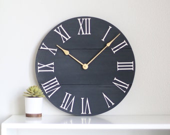 Wooden wall clock - Wall decor - Living room clock - Mid century -  modern - Dark grey and gold