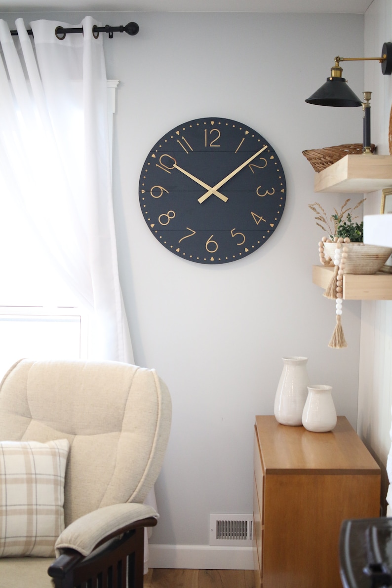 Large wall clock Navy & gold Mid century modern Modern home decor Unique gift idea Neutral house love Blayke in natural image 3
