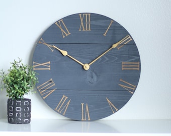 Wood wall clock - Navy clock - Gold accent - 15" BLAYKE in natural