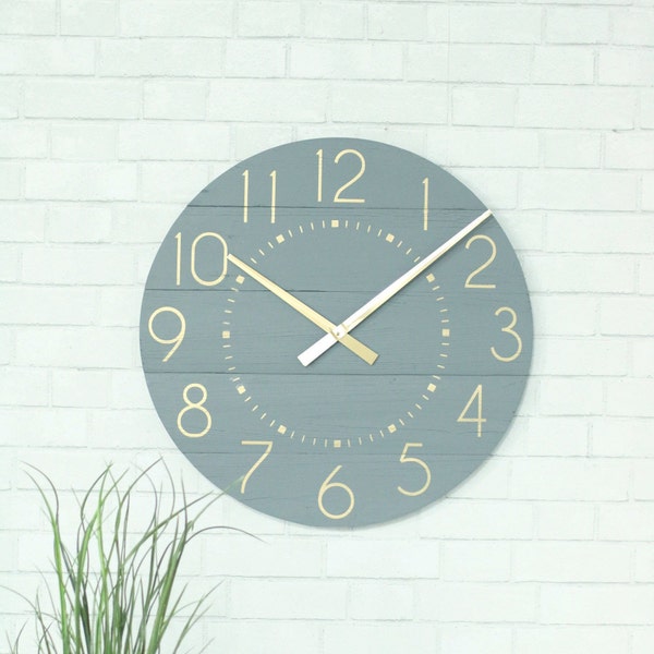 25"/30" Large wall clock with numbers - Gold numbers/hands - Living room decor - Family room decor - CAVIAR DREAMS in slate