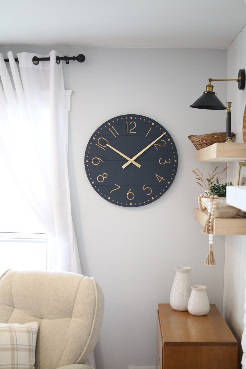 Large wall clock Navy & gold Mid century modern Modern home decor Unique gift idea Neutral house love Blayke in natural image 2