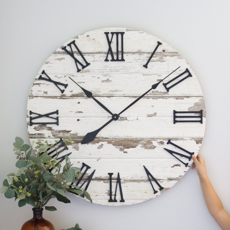 Large wall clock Chippy white Farmhouse wall decor Housewarming gift idea Barn wood lovers 25/30 wall clock image 1