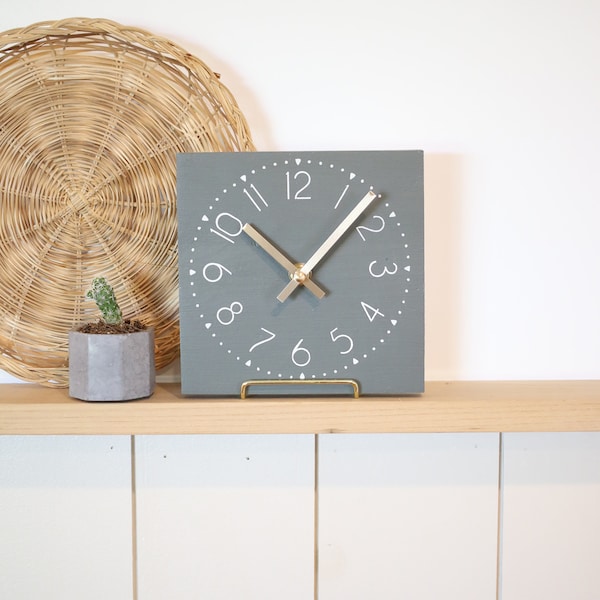 Small wall clock - Neutral green and gold - Tiny modern decor - Modern farmhouse wall decor - 6" mini clock w/ easel