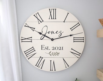 Large wall clock - Farmhouse living decor - Wall clock - Wedding gift idea - Personalized Custom with name/date - True white paint