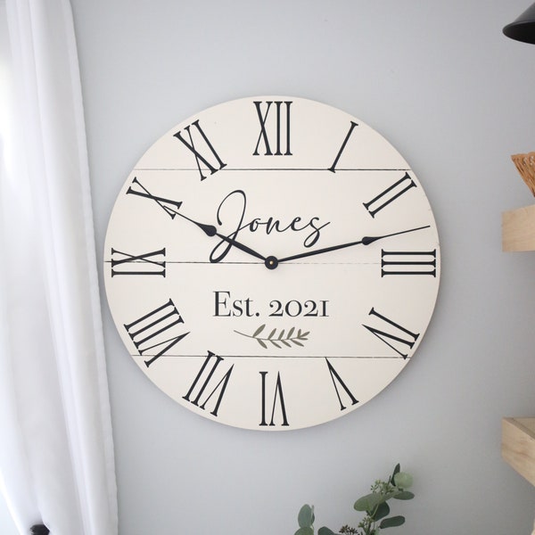 Large wall clock - Farmhouse living decor - Wall clock - Wedding gift idea - Personalized Custom with name/date - True white paint