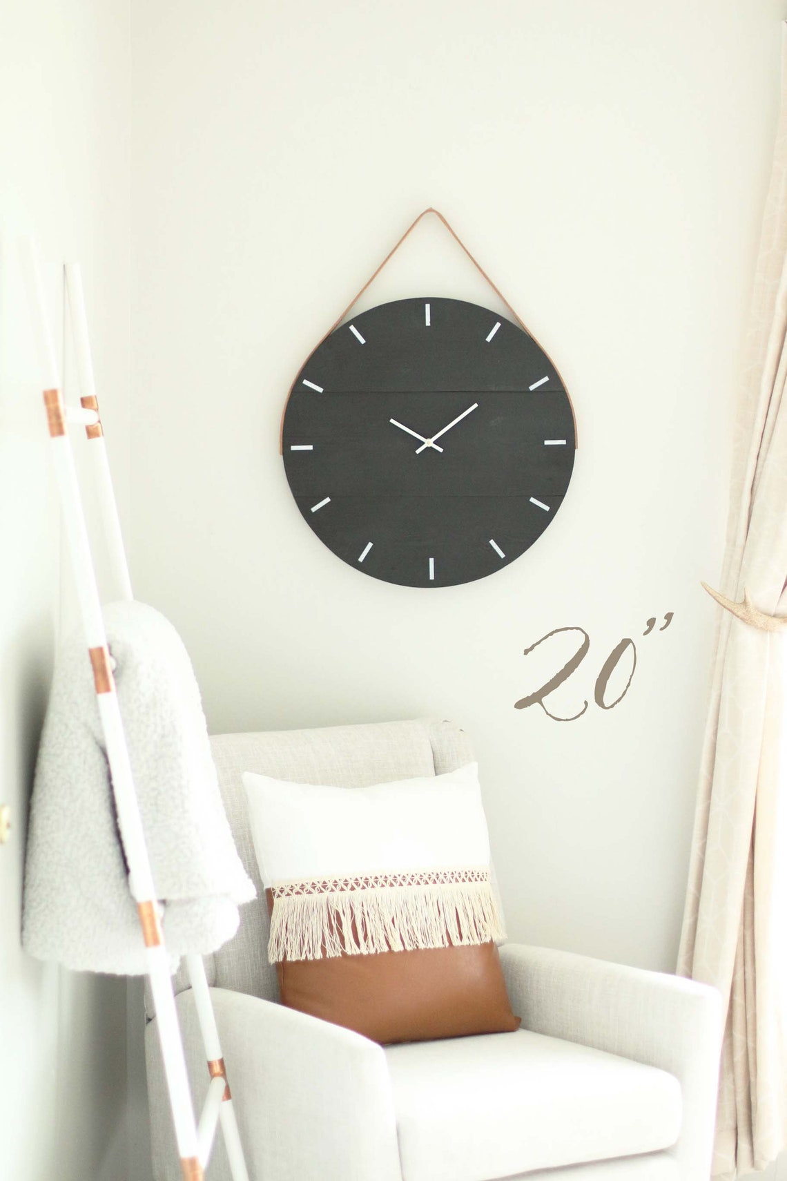 Wall clock Black clock with leather strap Genuine leather Etsy