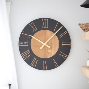 Large wall clock - Living room wall decor - Black and gold - Above couch decor - Fireplace mantle decor - Oversized wall clock