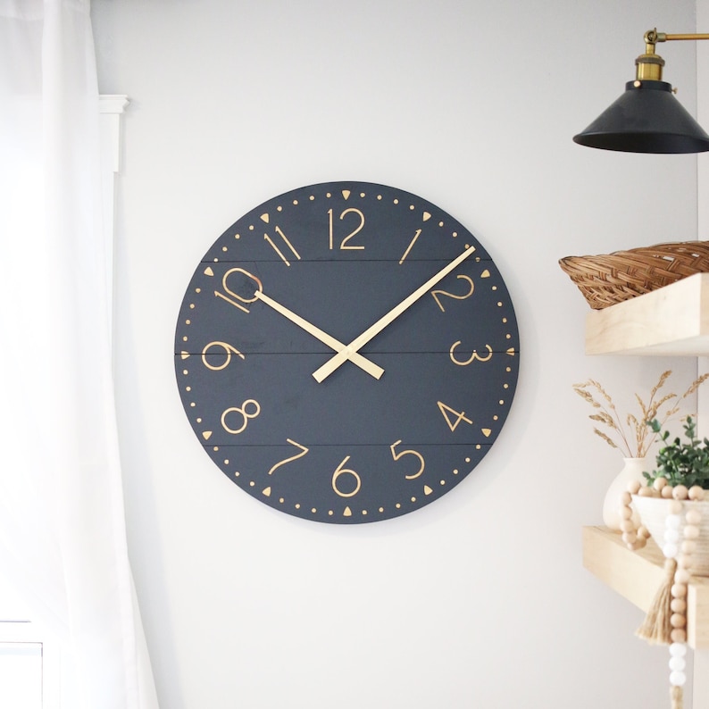 Large wall clock Navy & gold Mid century modern Modern home decor Unique gift idea Neutral house love Blayke in natural image 1