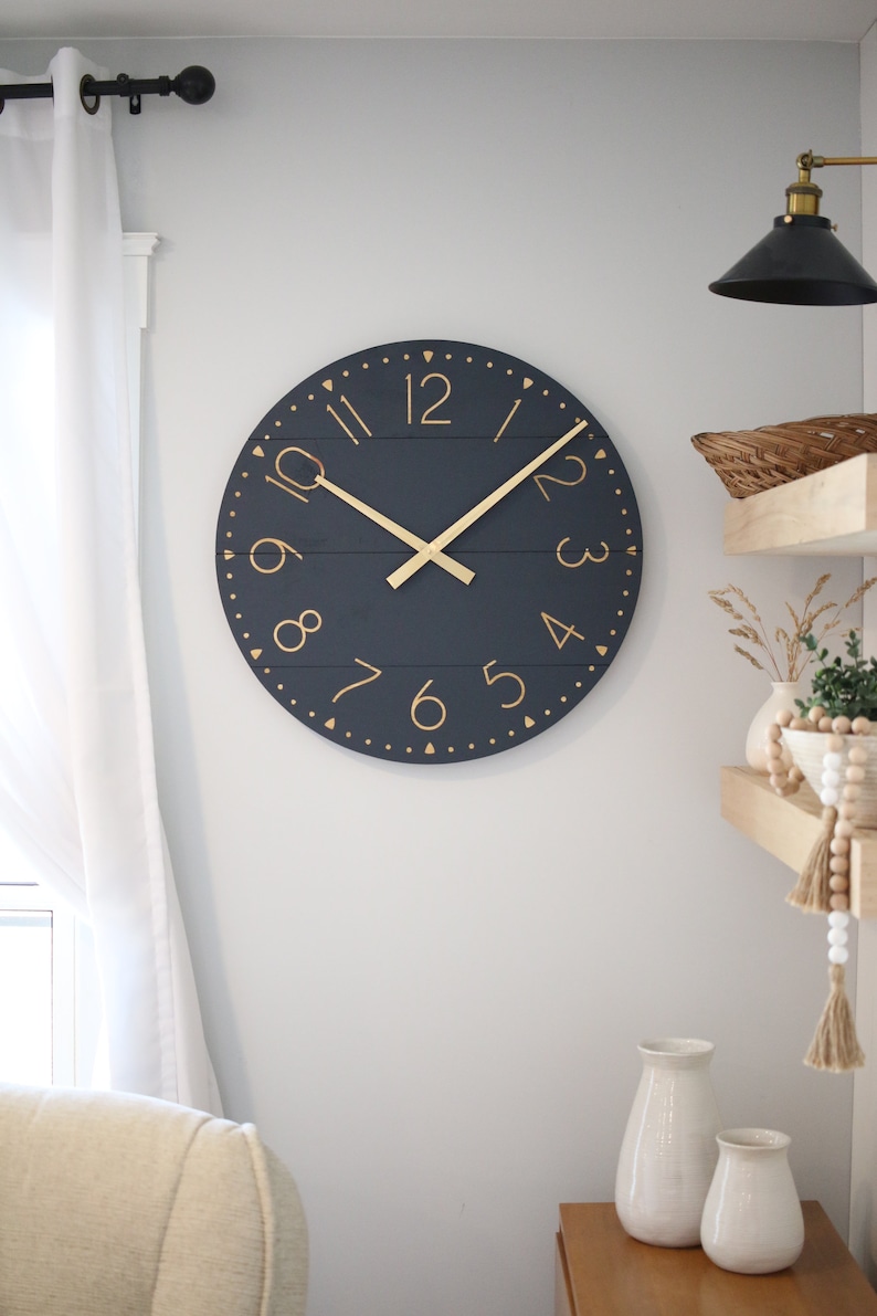Large wall clock Navy & gold Mid century modern Modern home decor Unique gift idea Neutral house love Blayke in natural image 4