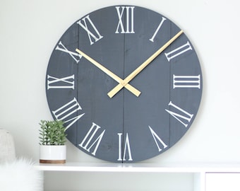 Handmade Navy Wood Wall Clock: Gold Hands, Silent Sweep