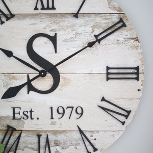 Large wall clock - Chippy white - Farmhouse wall decor - Housewarming gift idea - Barn wood lovers - Gift with initial and date image 5