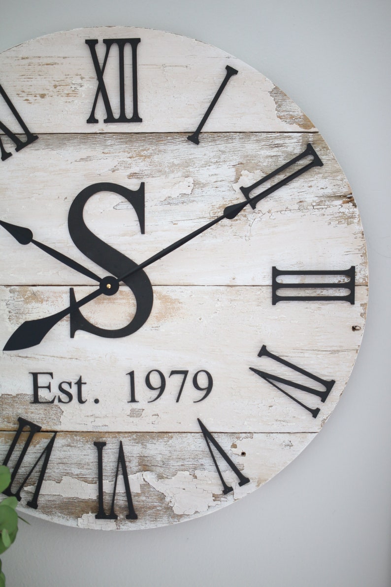 Large wall clock - Chippy white - Farmhouse wall decor - Housewarming gift idea - Barn wood lovers - Gift with initial and date image 5