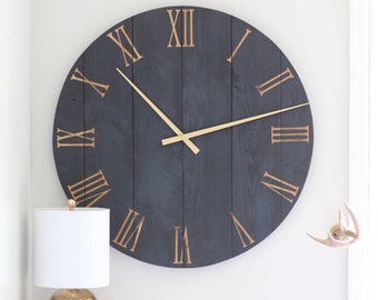Large Wooden Wall Clock - Natural wood Roman Numerals - Oversized Farmhouse Clock - Modern Home Decor