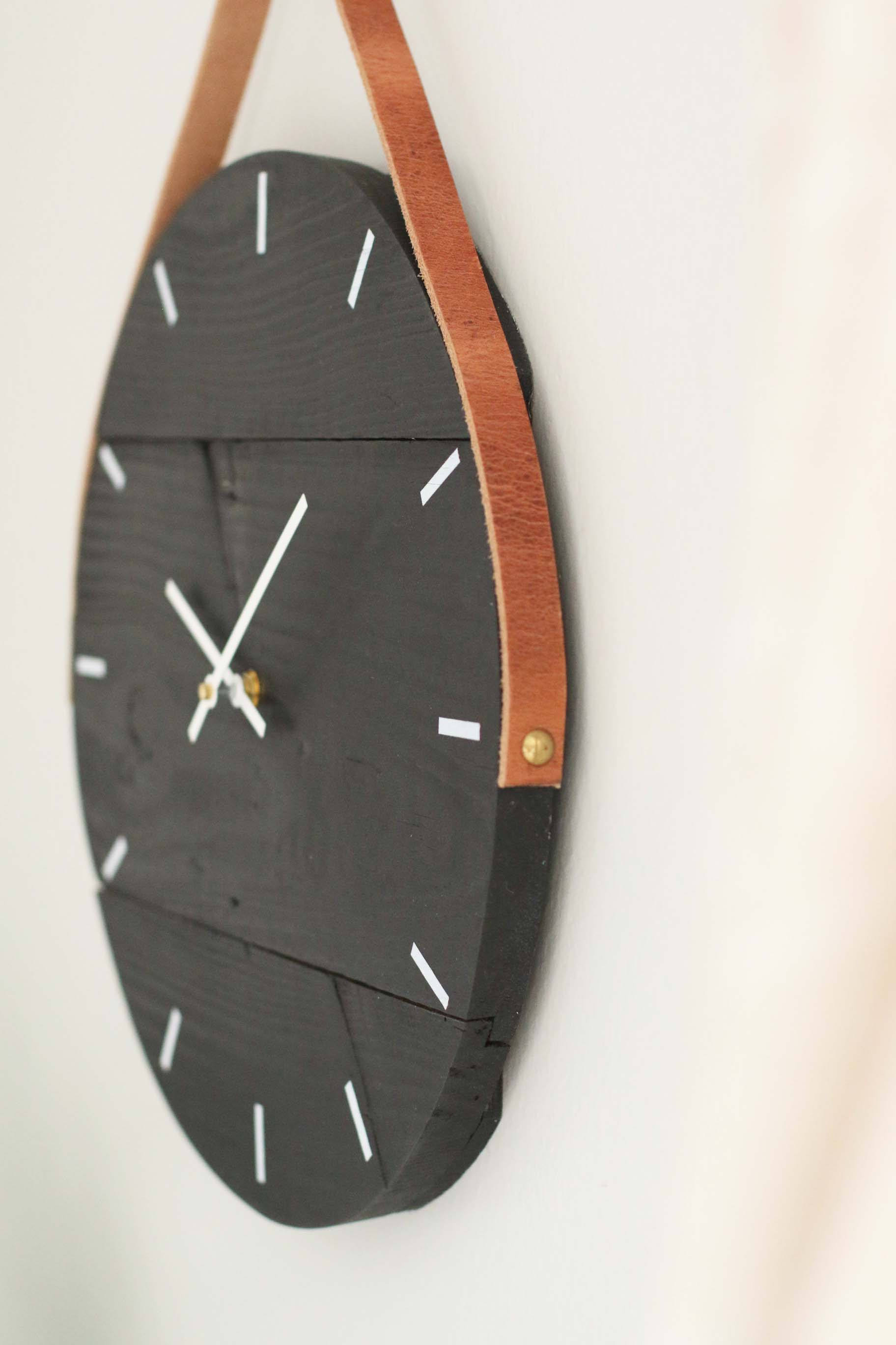 Wall clock Black clock with leather strap Genuine leather Etsy