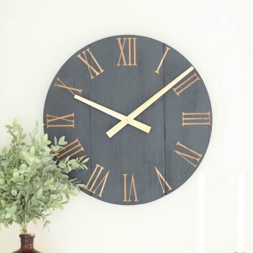 Large Wall Clock Navy and Gold Mid Century Modern Modern Etsy