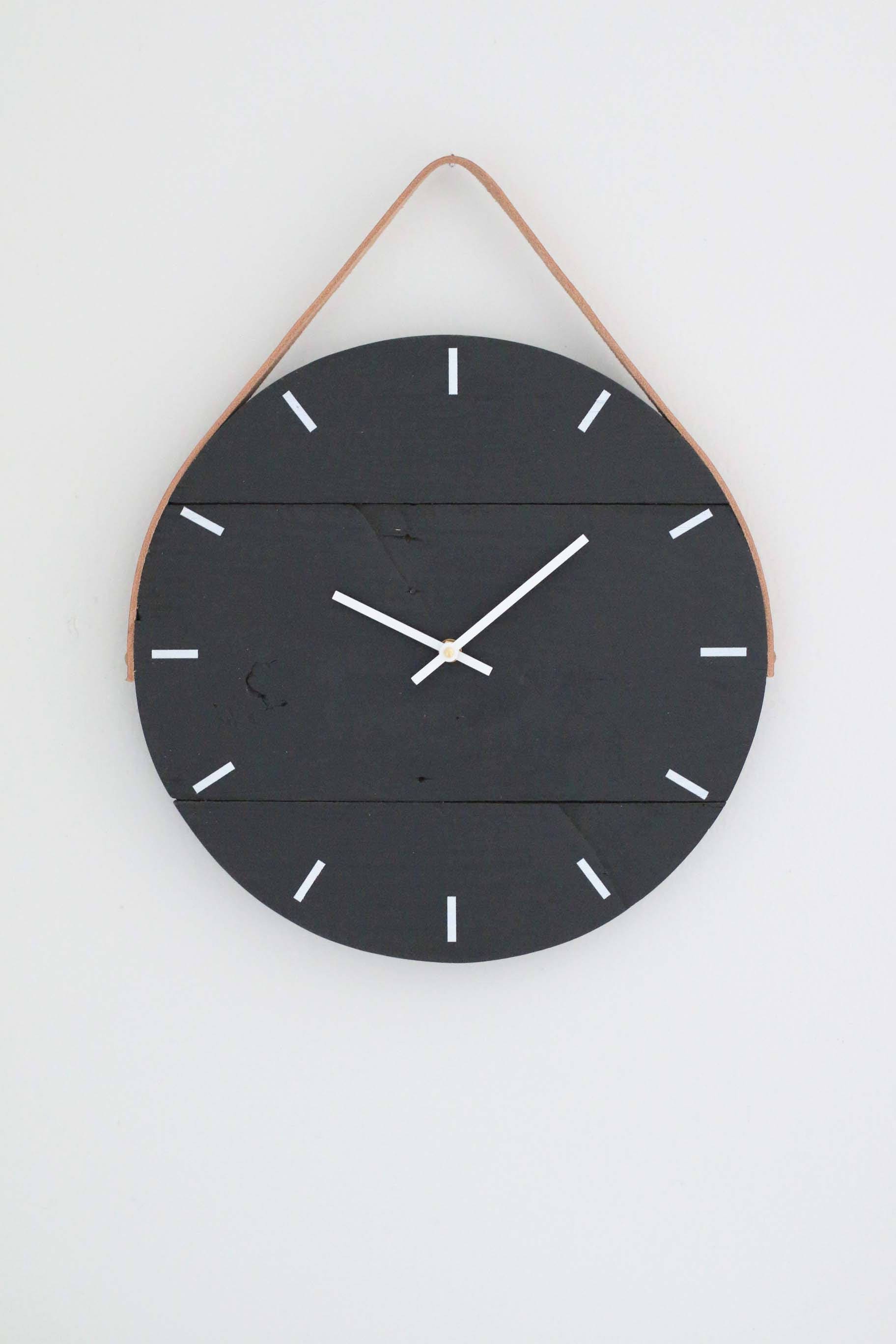 Wall clock Black clock with leather strap Genuine leather Etsy