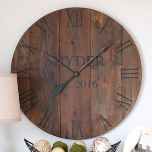 Personalized Barn Wood Clock – Dark Walnut, Family Name Sign