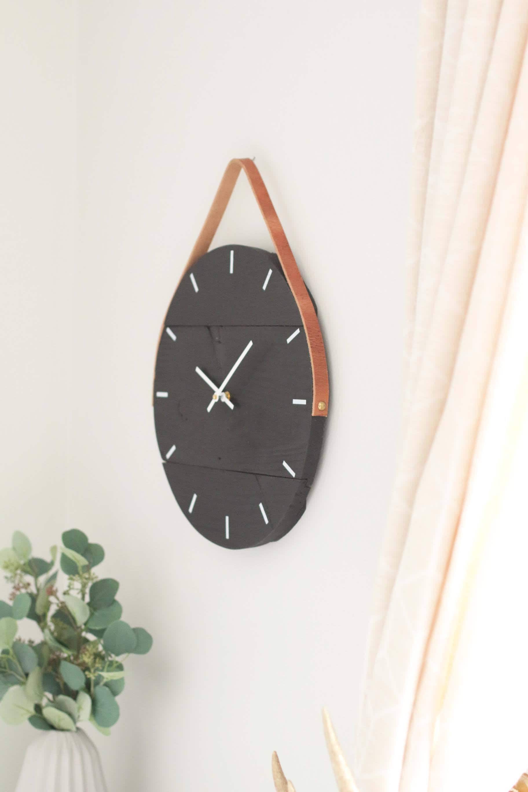 Wall clock Black clock with leather strap Genuine leather Etsy