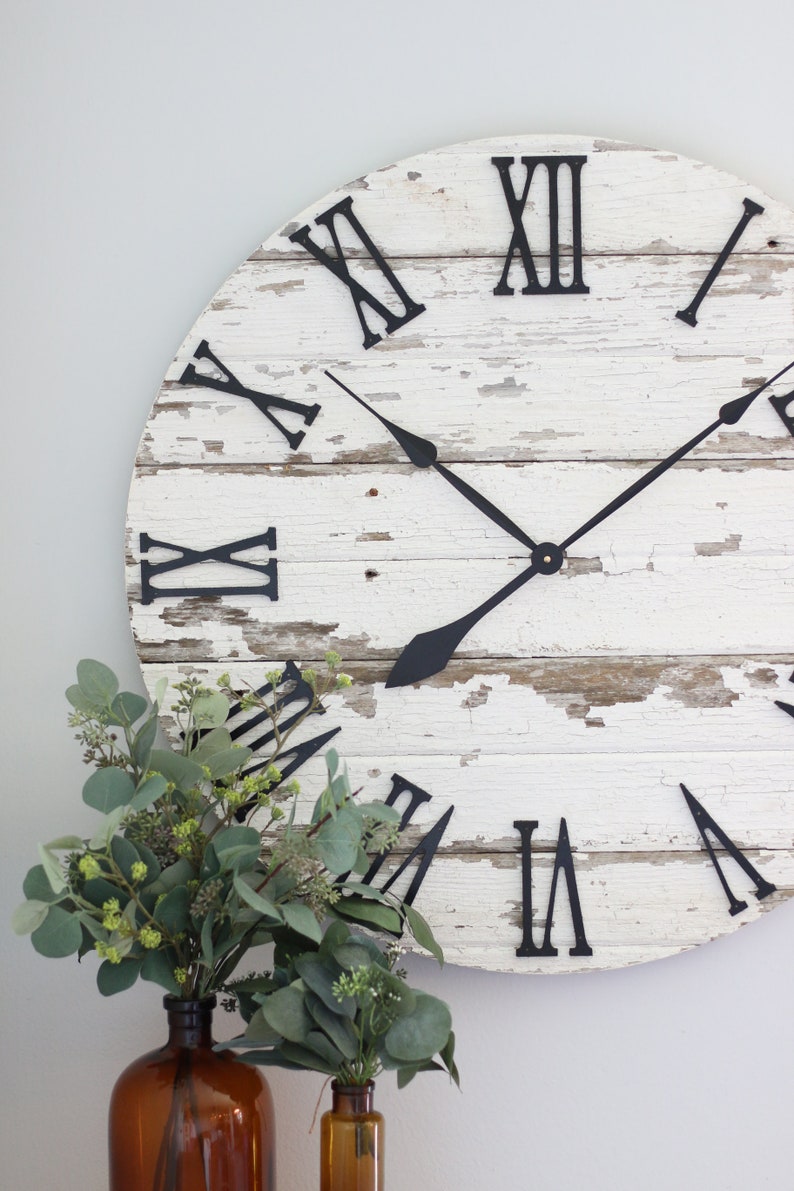 Large wall clock Chippy white Farmhouse wall decor Housewarming gift idea Barn wood lovers 25/30 wall clock image 3